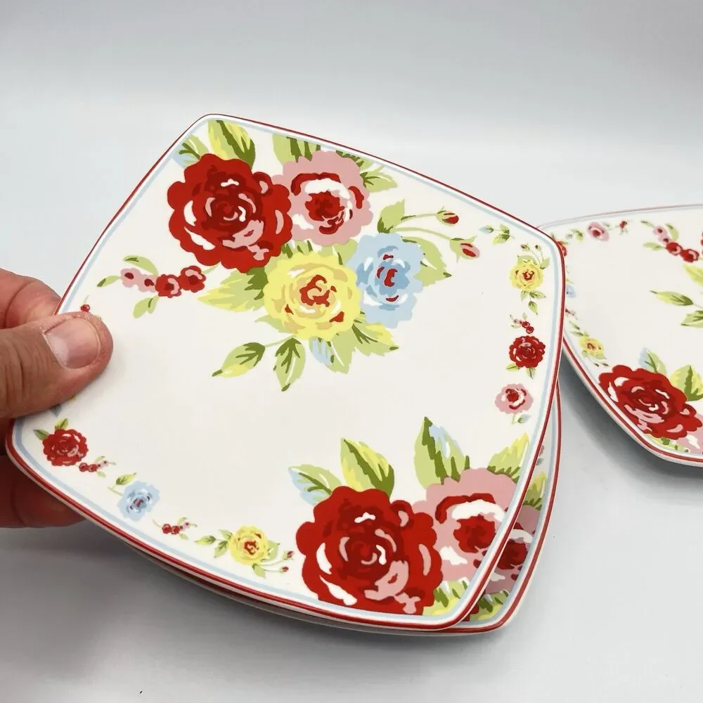 Shabby Chic Roses Small 6” Plates Square Appetizer Set of 3 Country Cottage